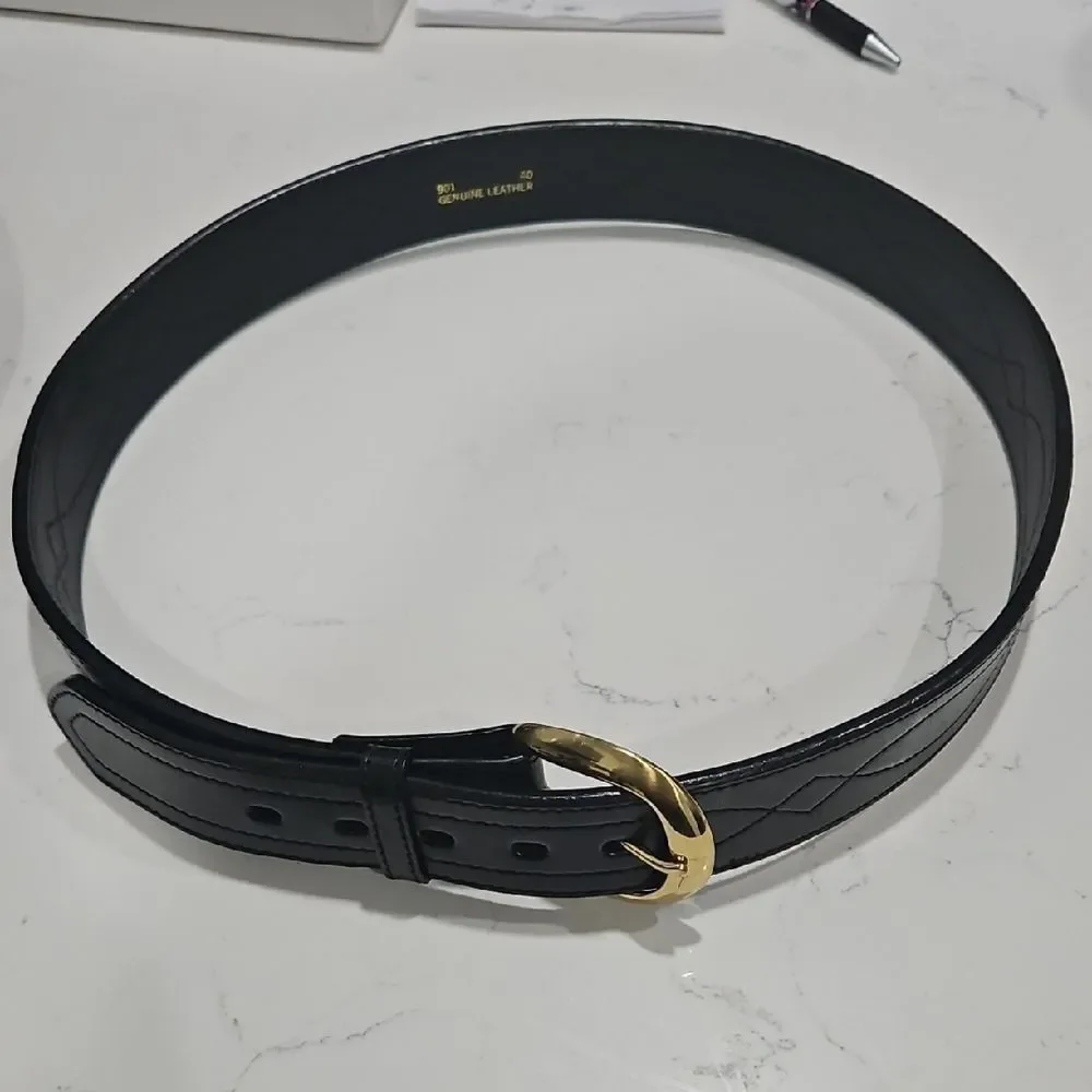 Elegant Black Leather Belt with Gold Buckle
